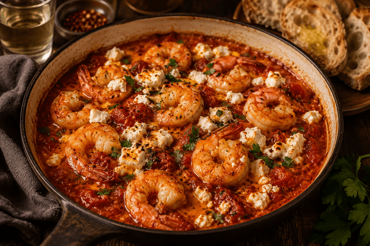 Lesvos Shrimp Saganaki with Ouzo & Feta