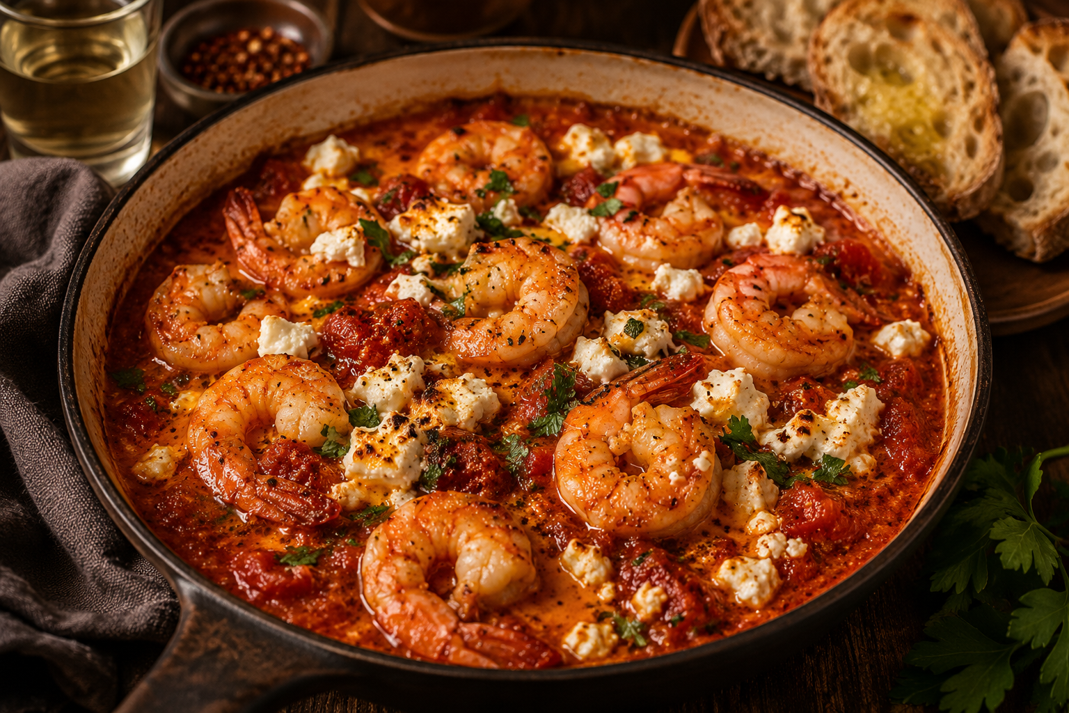 Lesvos Shrimp Saganaki with Ouzo & Feta